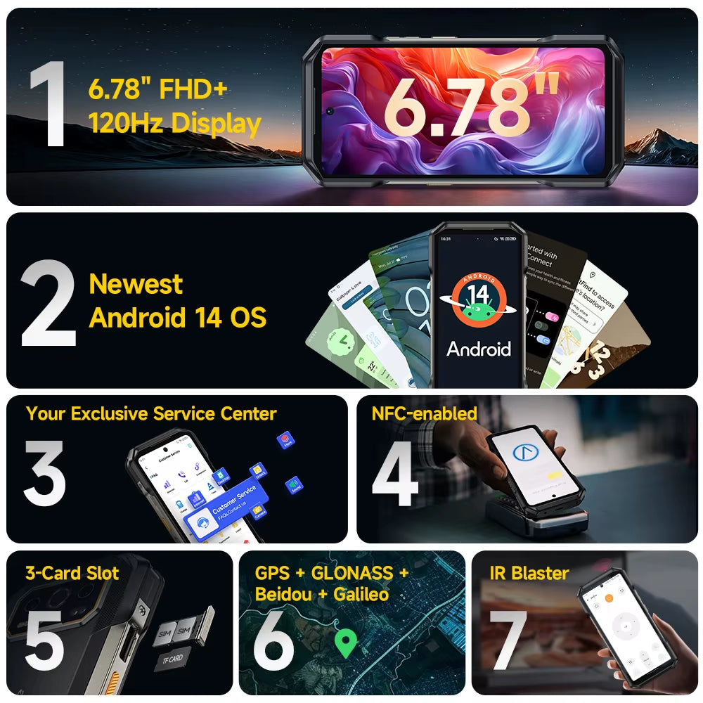 Armor 27T Pro 5G Rugged Phone 10600Mah Android 14 Smartphone 50MP+64MP Night Camera 6.78" 120Hz 24GB+256GB NFC Mobile