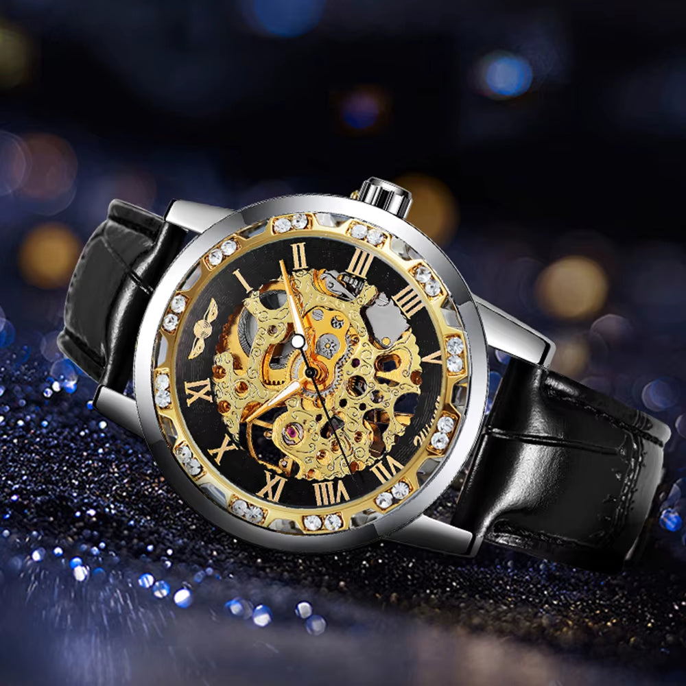 WINNER Fashion Mechanical Watch for Women Top Brand Luxury Watches Diamond Skeleton Dial Leather Strap Unisex Size Wristwatches