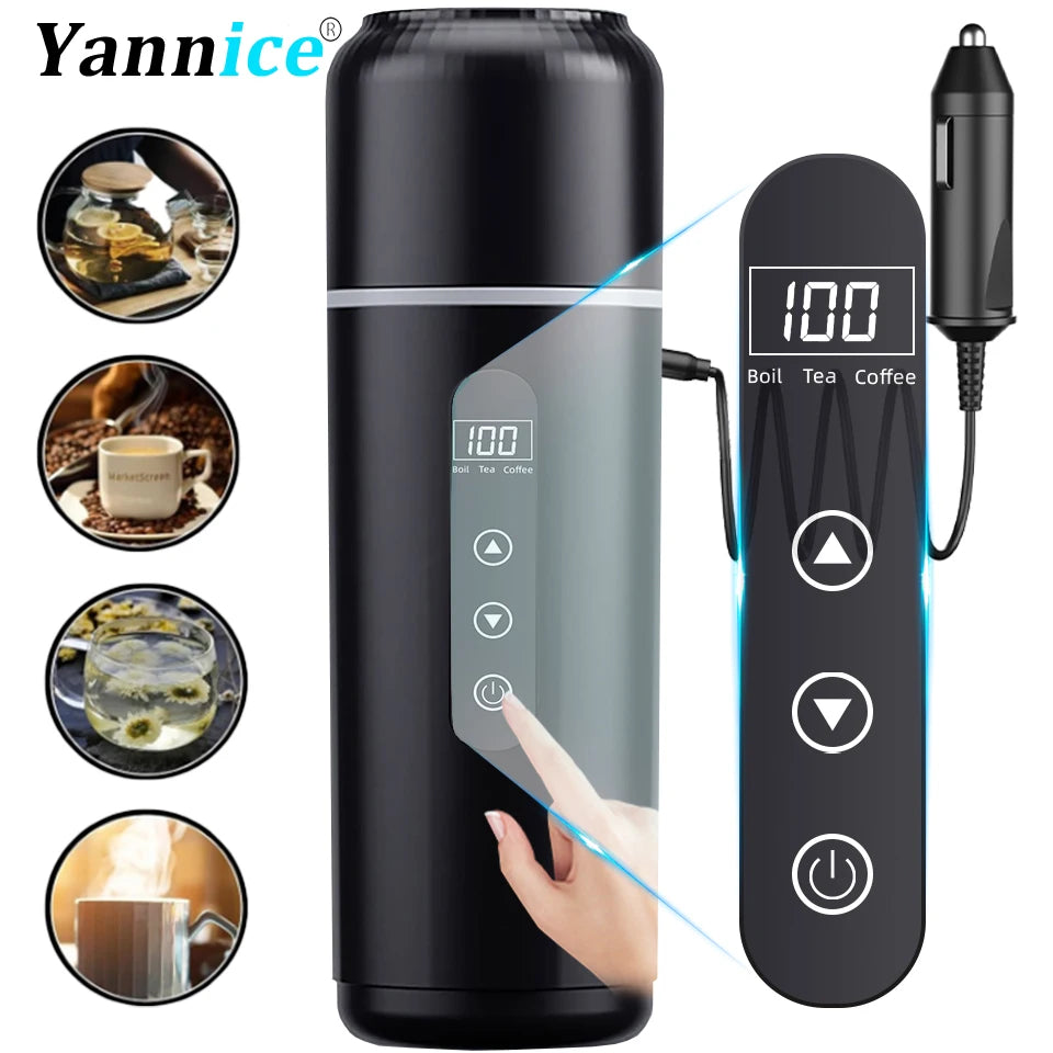 Electric Kettle 12V 24V Portable Car Heating Cup 500 Ml Travel Heating Smart Stainless Steel Insulation Artifact OLED Display