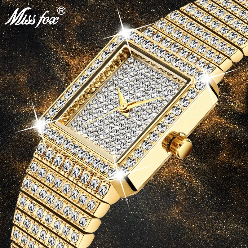 Diamond Watch for Women Luxury Brand Ladies Gold Square Watch Minimalist Analog Quartz Movt Unique Female Iced Out Watch