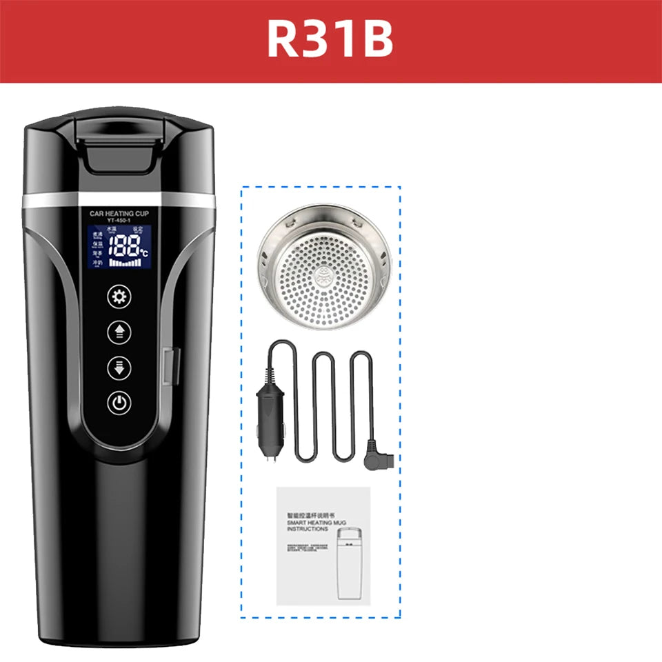Electric Kettle 12V/24V Smart Car Heating Cup Touch Screen Thermos Cup 450 Ml Car Heating Cup Adjustable Temperature
