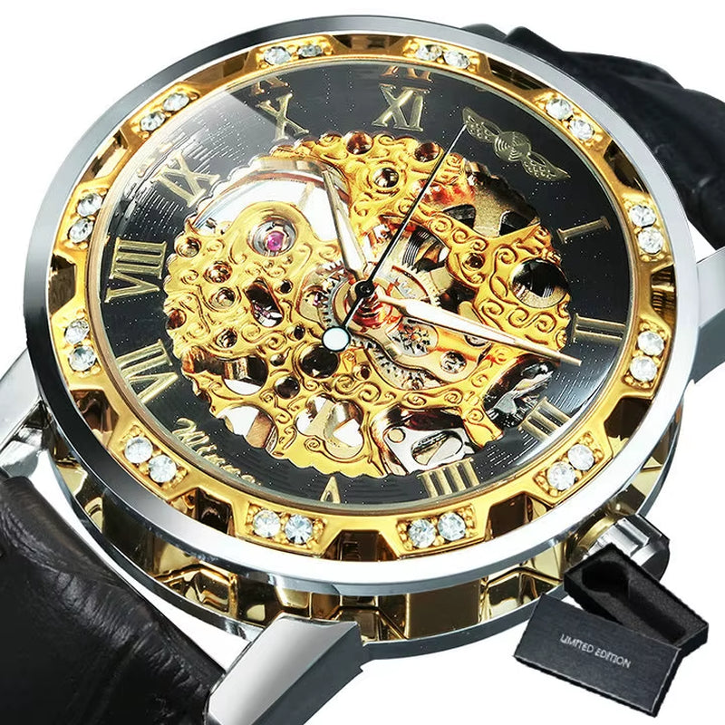 WINNER Fashion Mechanical Watch for Women Top Brand Luxury Watches Diamond Skeleton Dial Leather Strap Unisex Size Wristwatches