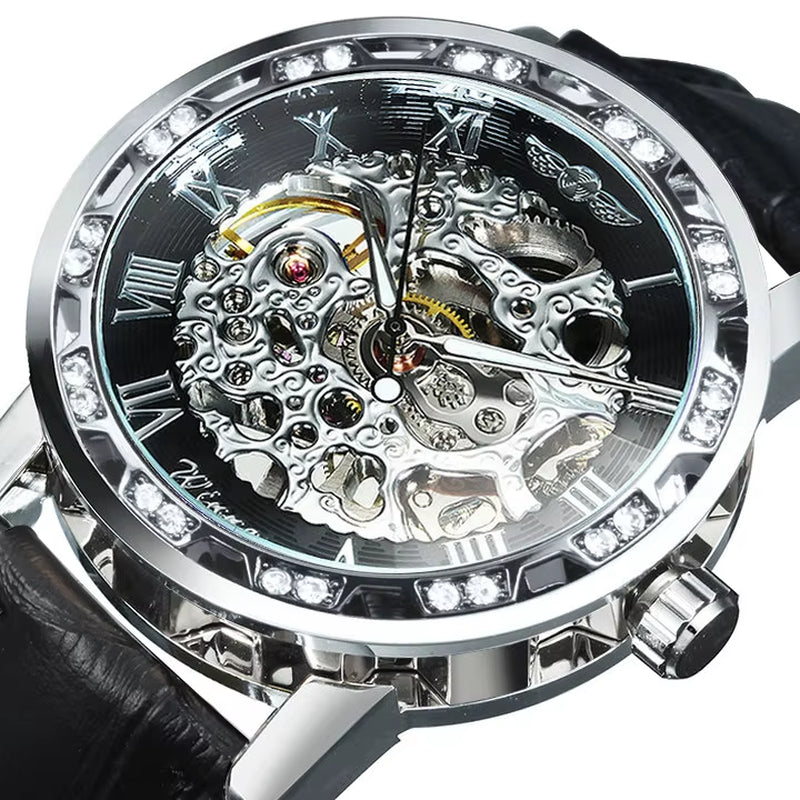 WINNER Fashion Mechanical Watch for Women Top Brand Luxury Watches Diamond Skeleton Dial Leather Strap Unisex Size Wristwatches