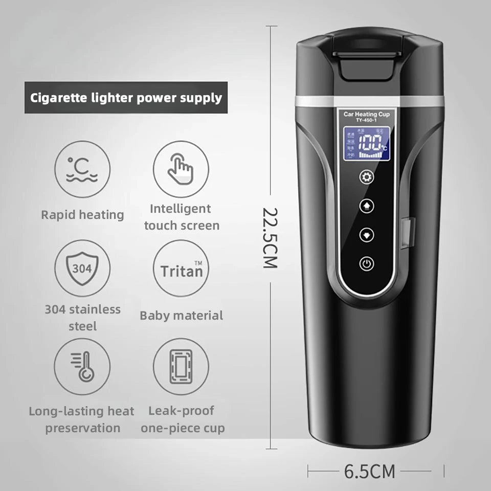 Electric Kettle 12V/24V Smart Car Heating Cup Touch Screen Thermos Cup 450 Ml Car Heating Cup Adjustable Temperature
