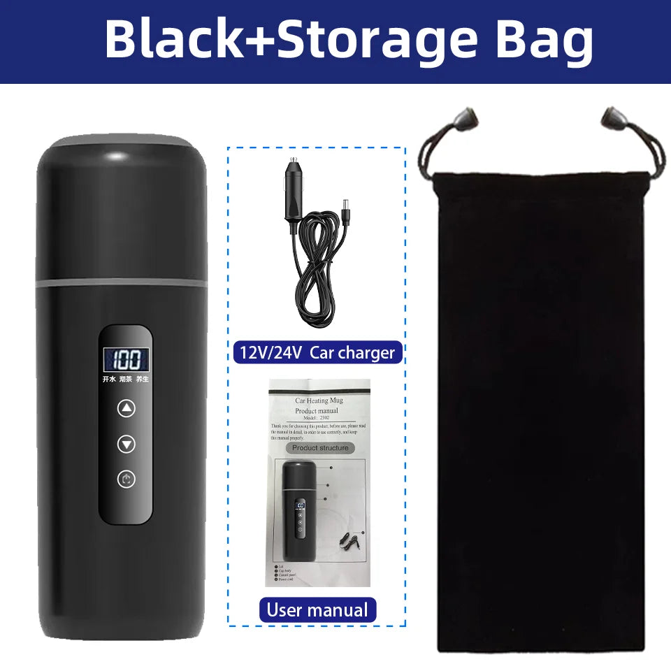 Electric Kettle 12V 24V Portable Car Heating Cup 500 Ml Travel Heating Smart Stainless Steel Insulation Artifact OLED Display