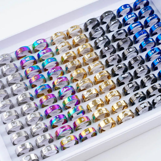 20Pcs/Lot Simple Stainless Steel Hollow Rings for Women Men Fashion Punk Love Shape Party Gifts Jewelry Mix Style