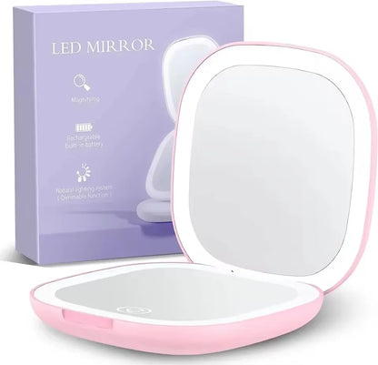 2 Face Sides Touch Compact Led 3 Colors Mini Foldable Cosmetic Charge Makeup Mirror with Light 5X Magnifying Compact Handheld