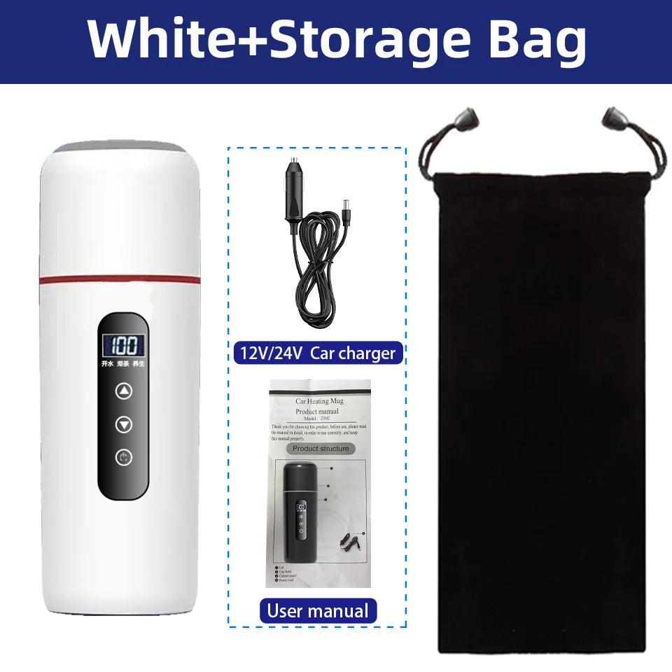 Electric Kettle 12V 24V Portable Car Heating Cup 500 Ml Travel Heating Smart Stainless Steel Insulation Artifact OLED Display