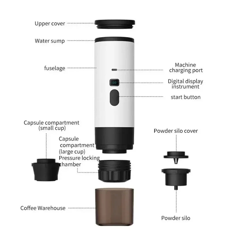 3-In-1 Portable Electric Coffee Makercapsule Coffee Grinder Travel Coffee Maker with Cordless Heating for Home Camping and Car