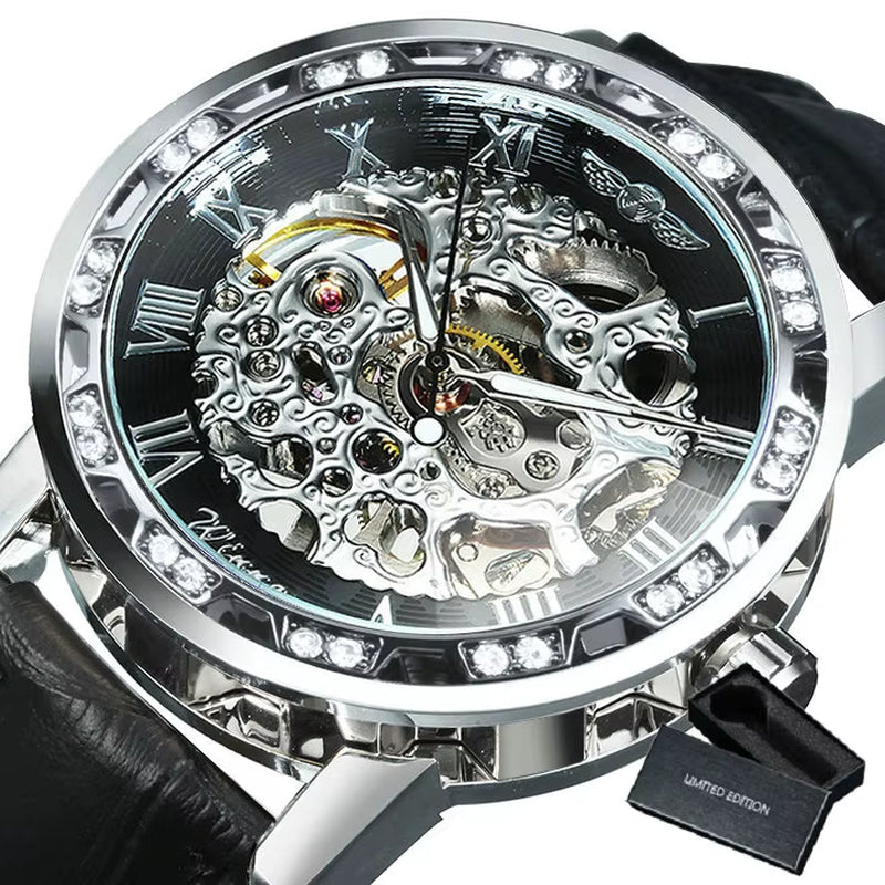 WINNER Fashion Mechanical Watch for Women Top Brand Luxury Watches Diamond Skeleton Dial Leather Strap Unisex Size Wristwatches