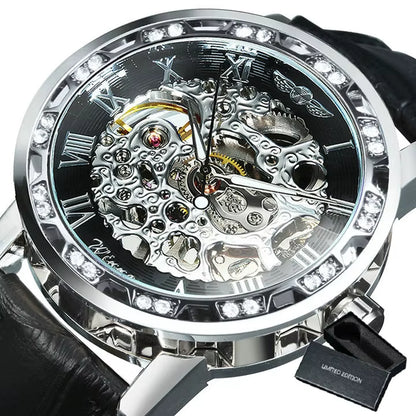 WINNER Fashion Mechanical Watch for Women Top Brand Luxury Watches Diamond Skeleton Dial Leather Strap Unisex Size Wristwatches