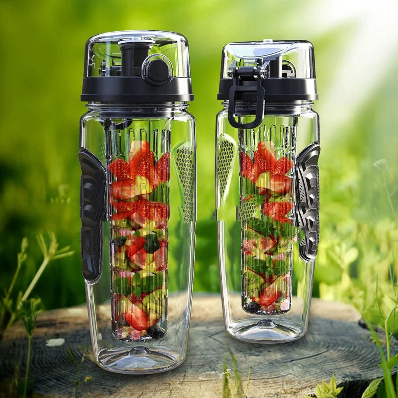 2X 1000Ml/32Oz Fruit Infusing Infuser Water Bottle Plastic Sports Detox Health Black