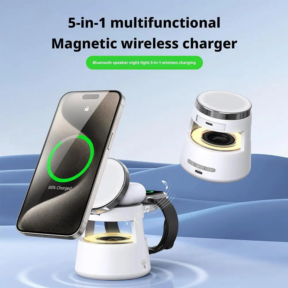Wireless Charger Stand 5 in 1 Night Light LED Bluetooth Speaker for Magsafe for Apple Watch 9 8 Airpods Pro
