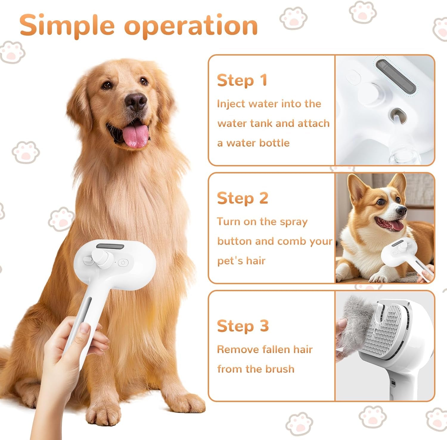 Baguette Magique Pour Poils D'Animaux, Brosses De Massage 3 En 1 Avec Poignée, Peigne D'Épilation Pour Animaux De Compagnie Avec Vapeur, Peigne Pulvérisateur De Nettoyage Rechargeable Adapté Pour