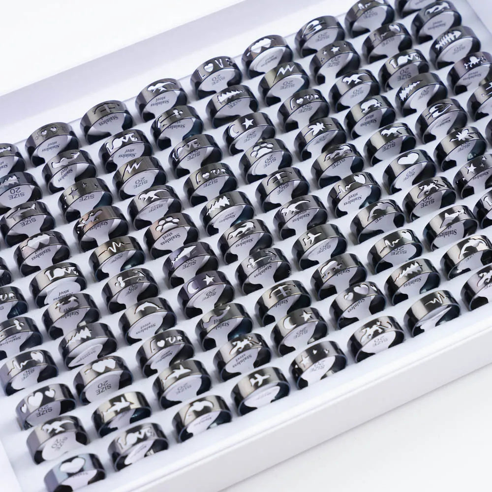 20Pcs/Lot Simple Stainless Steel Hollow Rings for Women Men Fashion Punk Love Shape Party Gifts Jewelry Mix Style