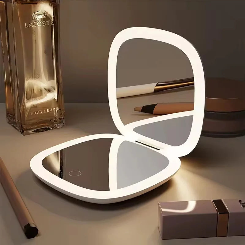2 Face Sides Touch Compact Led 3 Colors Mini Foldable Cosmetic Charge Makeup Mirror with Light 5X Magnifying Compact Handheld
