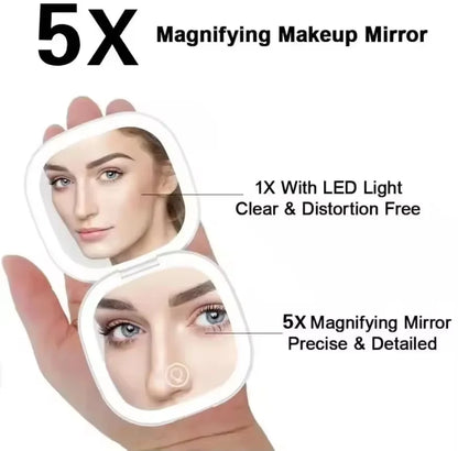 2 Face Sides Touch Compact Led 3 Colors Mini Foldable Cosmetic Charge Makeup Mirror with Light 5X Magnifying Compact Handheld