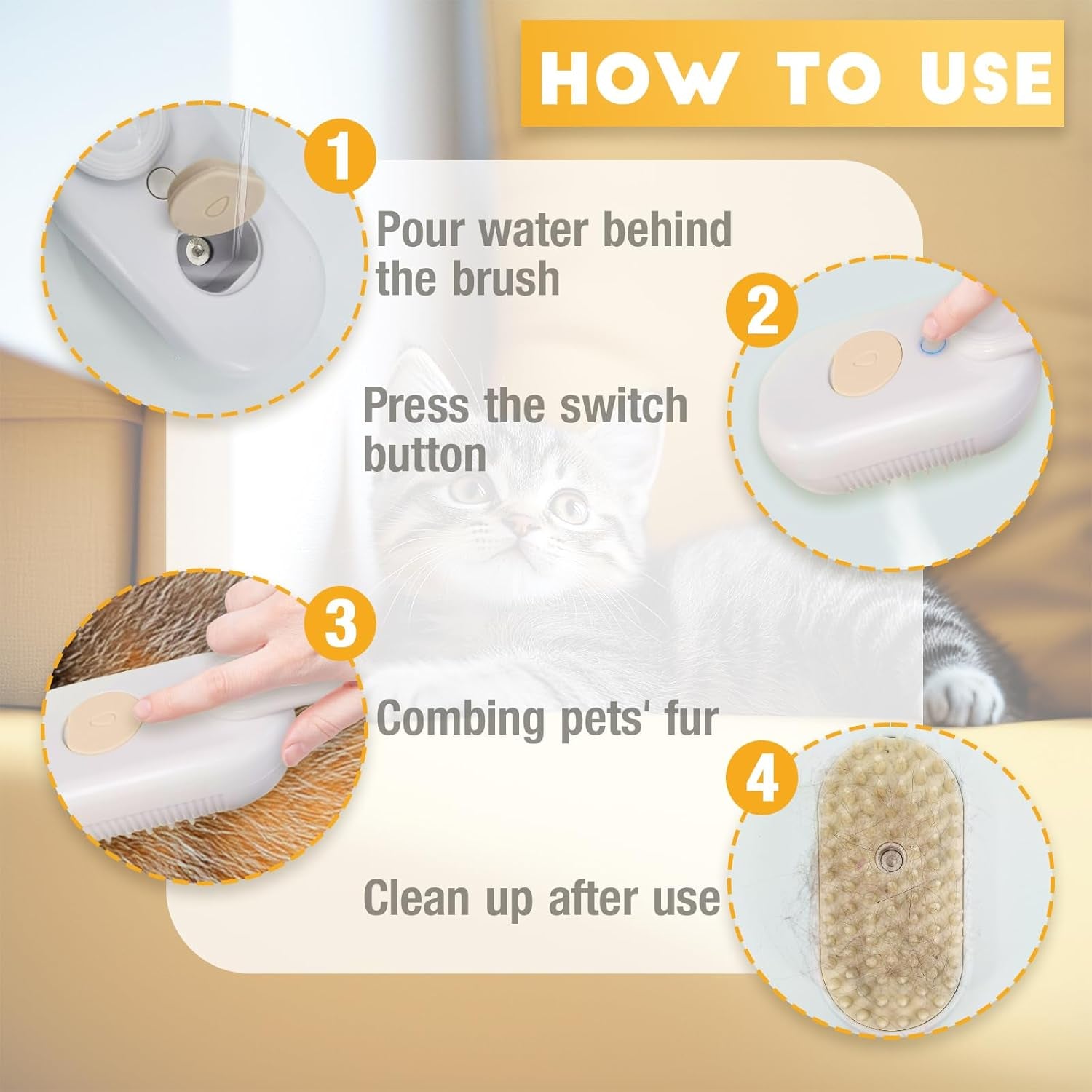 Brosse À Vapeur 3 En 1 Pour Chat, Nettoyage À La Vapeur Pour Chien Avec Poignée Pliable, Brosse De Toilettage Multifonction Rechargeable Pour Animaux De Compagnie, Peigne Pour Enlever La Perte De