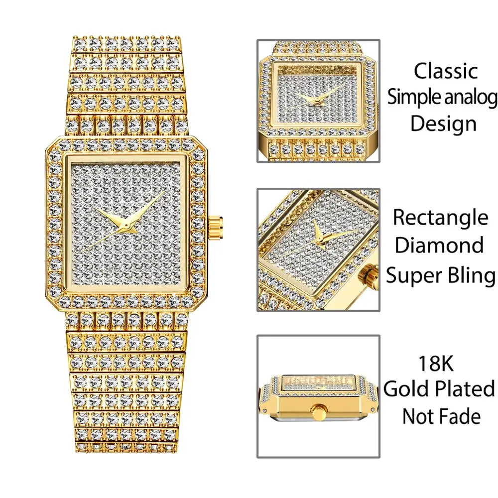 Diamond Watch for Women Luxury Brand Ladies Gold Square Watch Minimalist Analog Quartz Movt Unique Female Iced Out Watch