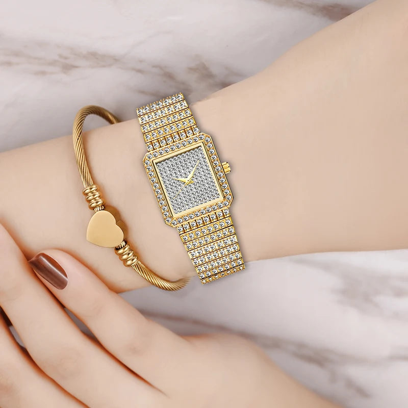 Diamond Watch for Women Luxury Brand Ladies Gold Square Watch Minimalist Analog Quartz Movt Unique Female Iced Out Watch