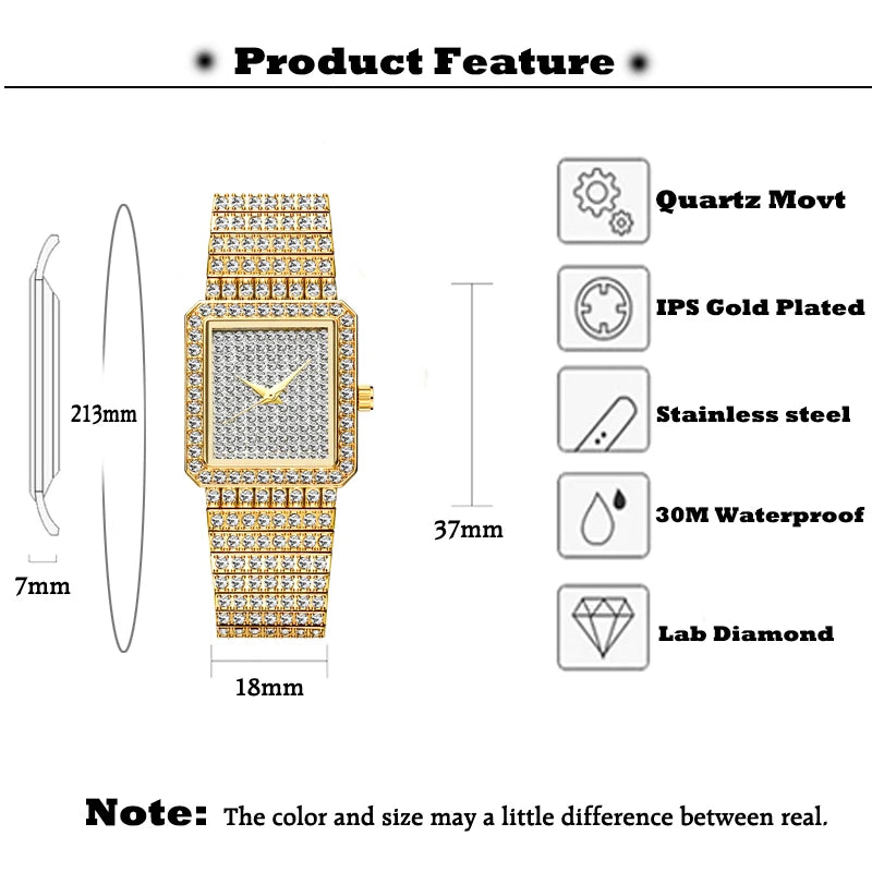 Diamond Watch for Women Luxury Brand Ladies Gold Square Watch Minimalist Analog Quartz Movt Unique Female Iced Out Watch