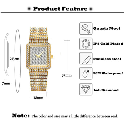 Diamond Watch for Women Luxury Brand Ladies Gold Square Watch Minimalist Analog Quartz Movt Unique Female Iced Out Watch