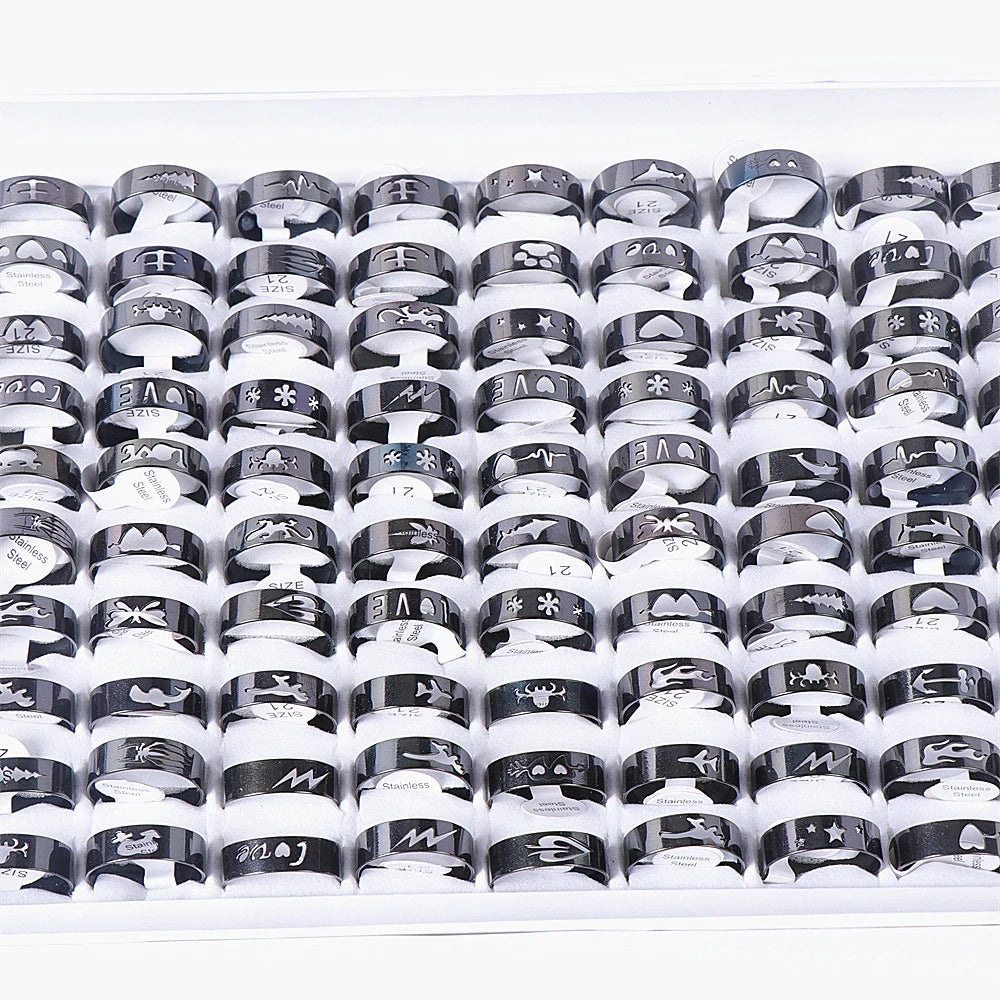 20Pcs/Lot Simple Stainless Steel Hollow Rings for Women Men Fashion Punk Love Shape Party Gifts Jewelry Mix Style