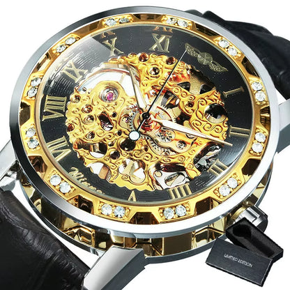 WINNER Fashion Mechanical Watch for Women Top Brand Luxury Watches Diamond Skeleton Dial Leather Strap Unisex Size Wristwatches