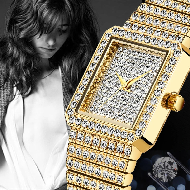 Diamond Watch for Women Luxury Brand Ladies Gold Square Watch Minimalist Analog Quartz Movt Unique Female Iced Out Watch