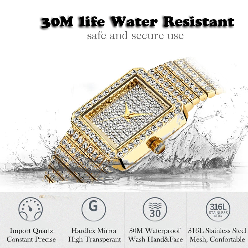 Diamond Watch for Women Luxury Brand Ladies Gold Square Watch Minimalist Analog Quartz Movt Unique Female Iced Out Watch