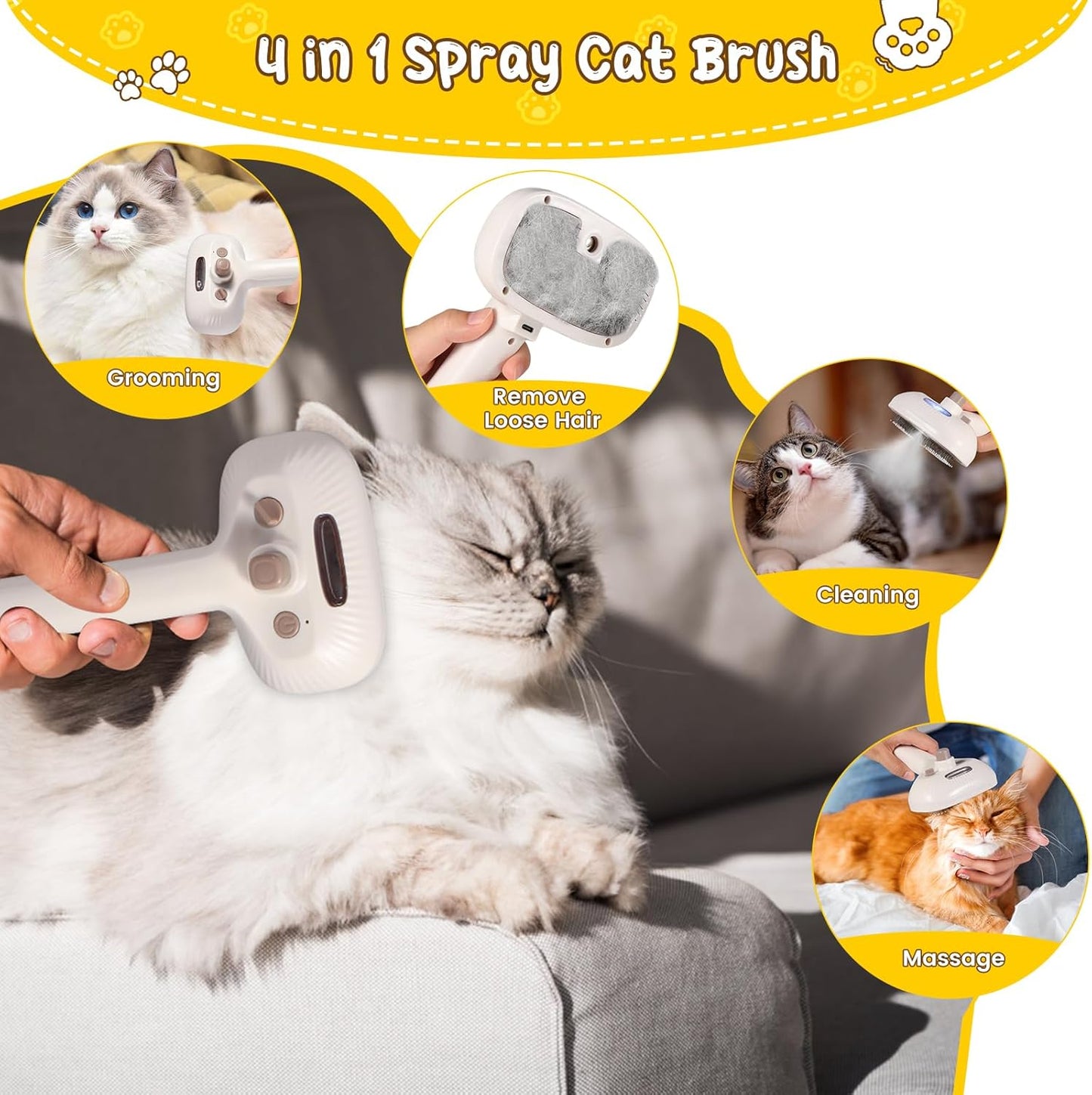Brosse Chat Vapeur, 4 in 1 Brosse Vapeur Chat Chien Avec Réservoir D'Eau Rechargeable Pour À Poils Courts Et Longs Pour Chien Massage, Soin