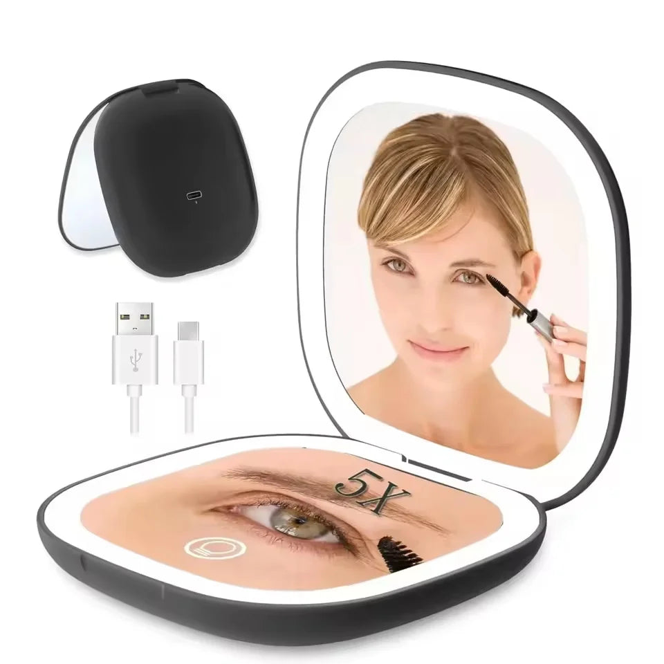 2 Face Sides Touch Compact Led 3 Colors Mini Foldable Cosmetic Charge Makeup Mirror with Light 5X Magnifying Compact Handheld