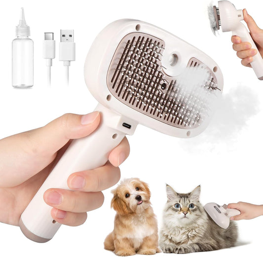 Brosse Chat Vapeur, 4 in 1 Brosse Vapeur Chat Chien Avec Réservoir D'Eau Rechargeable Pour À Poils Courts Et Longs Pour Chien Massage, Soin