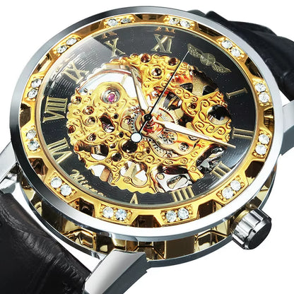 WINNER Fashion Mechanical Watch for Women Top Brand Luxury Watches Diamond Skeleton Dial Leather Strap Unisex Size Wristwatches