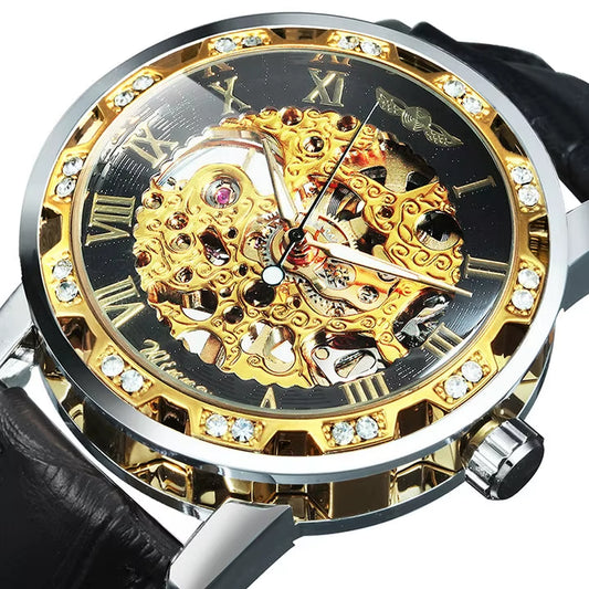 WINNER Fashion Mechanical Watch for Women Top Brand Luxury Watches Diamond Skeleton Dial Leather Strap Unisex Size Wristwatches