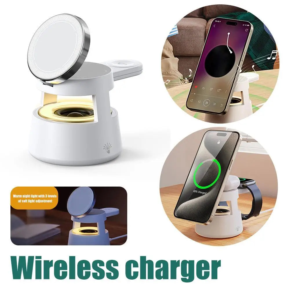 Wireless Charger Stand 5 in 1 Night Light LED Bluetooth Speaker for Magsafe for Apple Watch 9 8 Airpods Pro