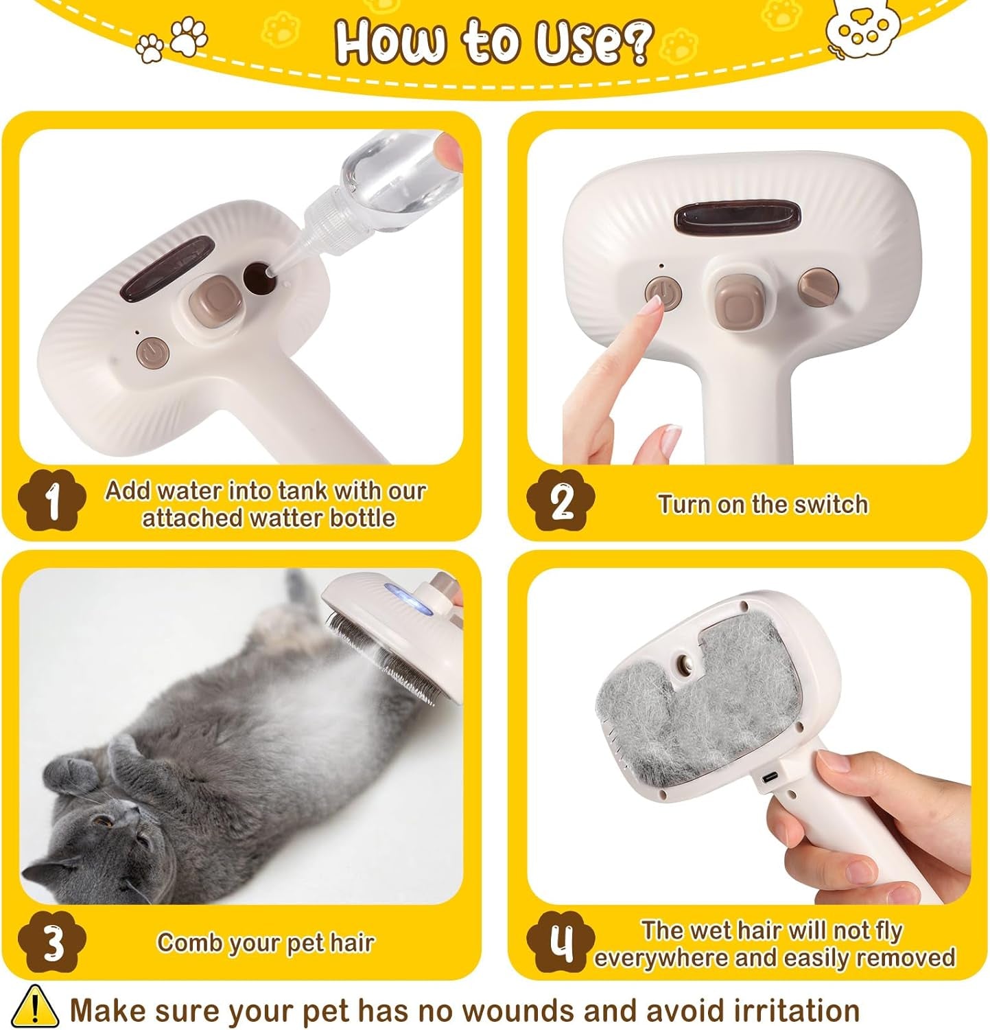 Brosse Chat Vapeur, 4 in 1 Brosse Vapeur Chat Chien Avec Réservoir D'Eau Rechargeable Pour À Poils Courts Et Longs Pour Chien Massage, Soin