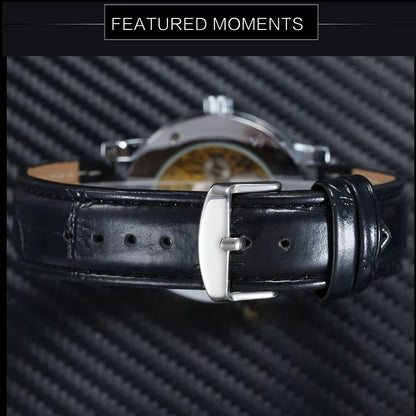 WINNER Fashion Mechanical Watch for Women Top Brand Luxury Watches Diamond Skeleton Dial Leather Strap Unisex Size Wristwatches