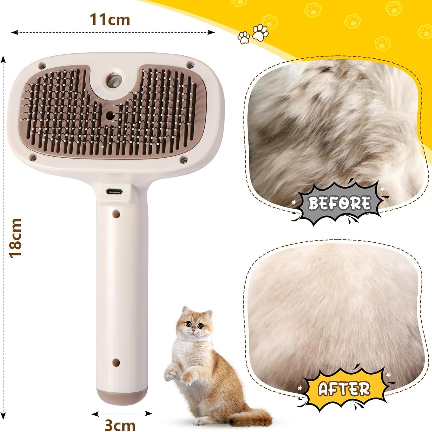 Brosse Chat Vapeur, 4 in 1 Brosse Vapeur Chat Chien Avec Réservoir D'Eau Rechargeable Pour À Poils Courts Et Longs Pour Chien Massage, Soin