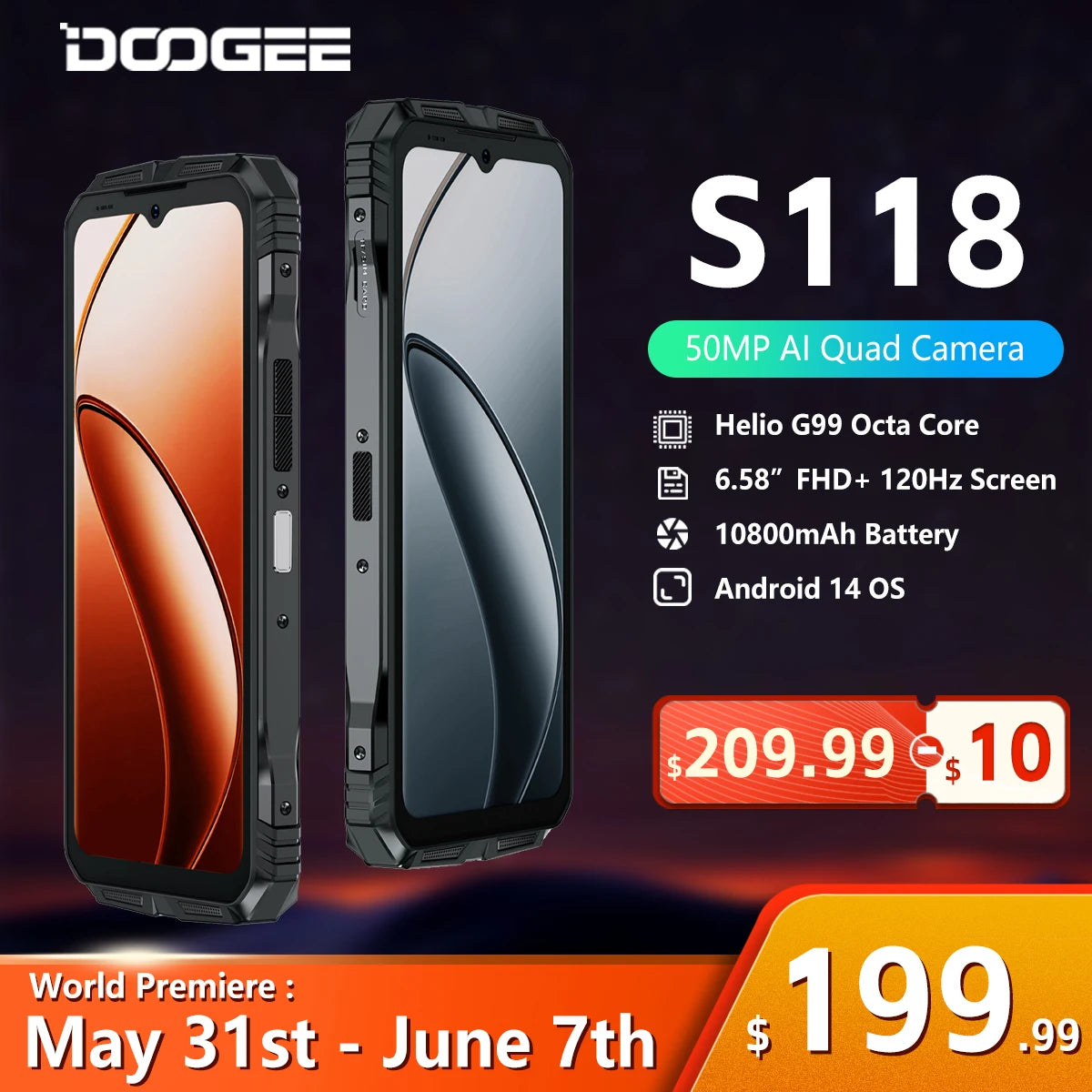 S118 Rugged Smartphone 8GB 512GB 6.58" FHD+ Screen Helio G99 50MP AI Camera 10800Mah Android 14 NFC 4G Cell Phone