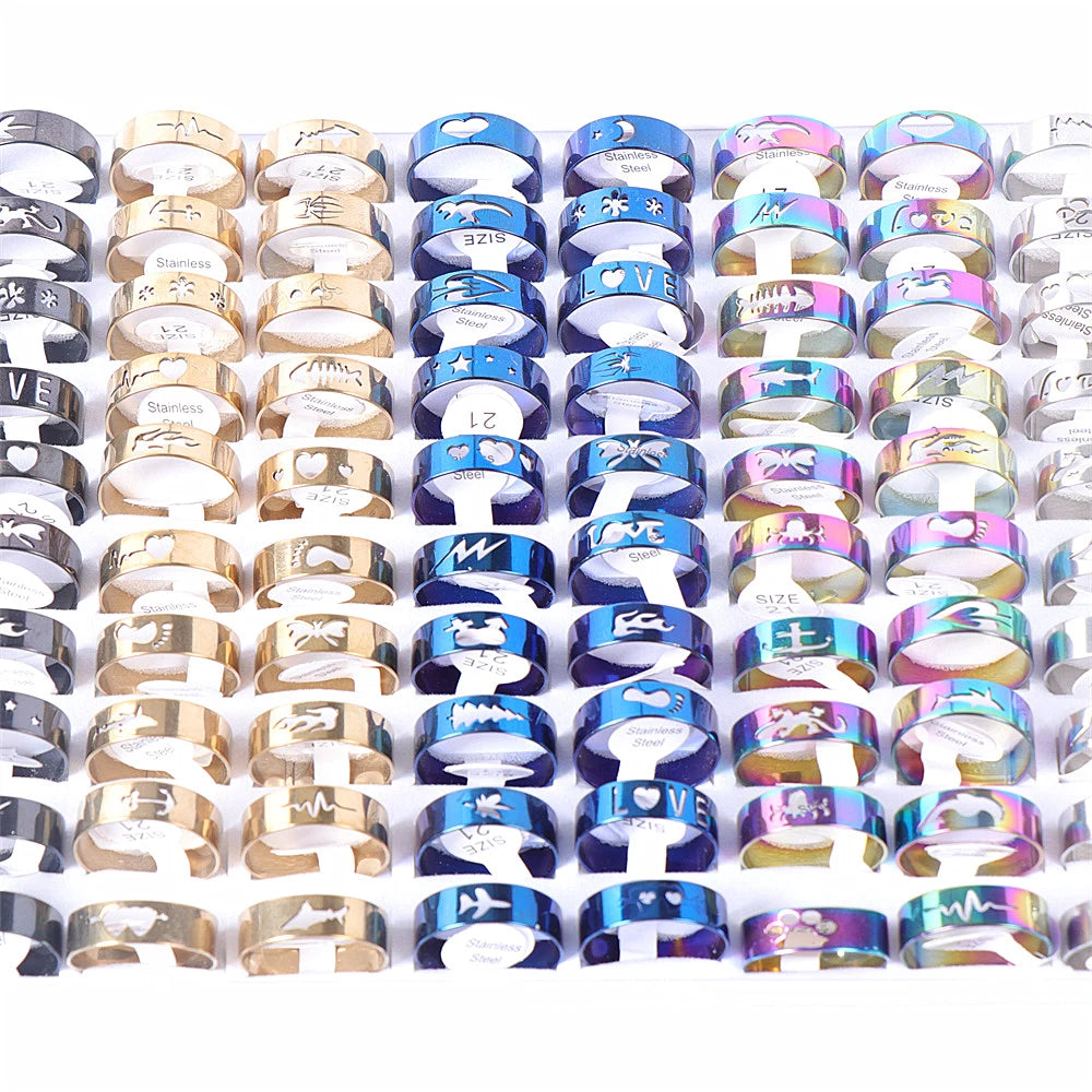 20Pcs/Lot Simple Stainless Steel Hollow Rings for Women Men Fashion Punk Love Shape Party Gifts Jewelry Mix Style