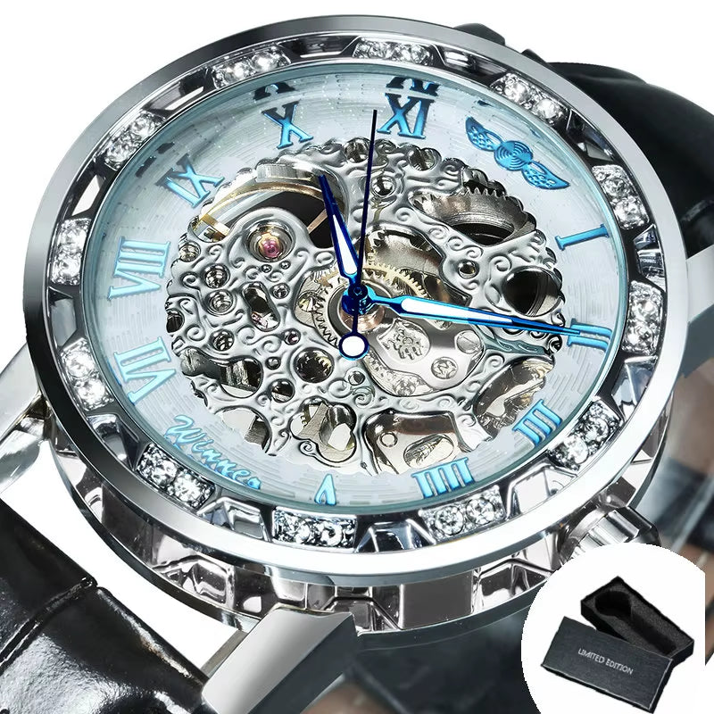 WINNER Fashion Mechanical Watch for Women Top Brand Luxury Watches Diamond Skeleton Dial Leather Strap Unisex Size Wristwatches