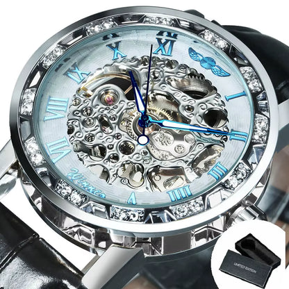 WINNER Fashion Mechanical Watch for Women Top Brand Luxury Watches Diamond Skeleton Dial Leather Strap Unisex Size Wristwatches