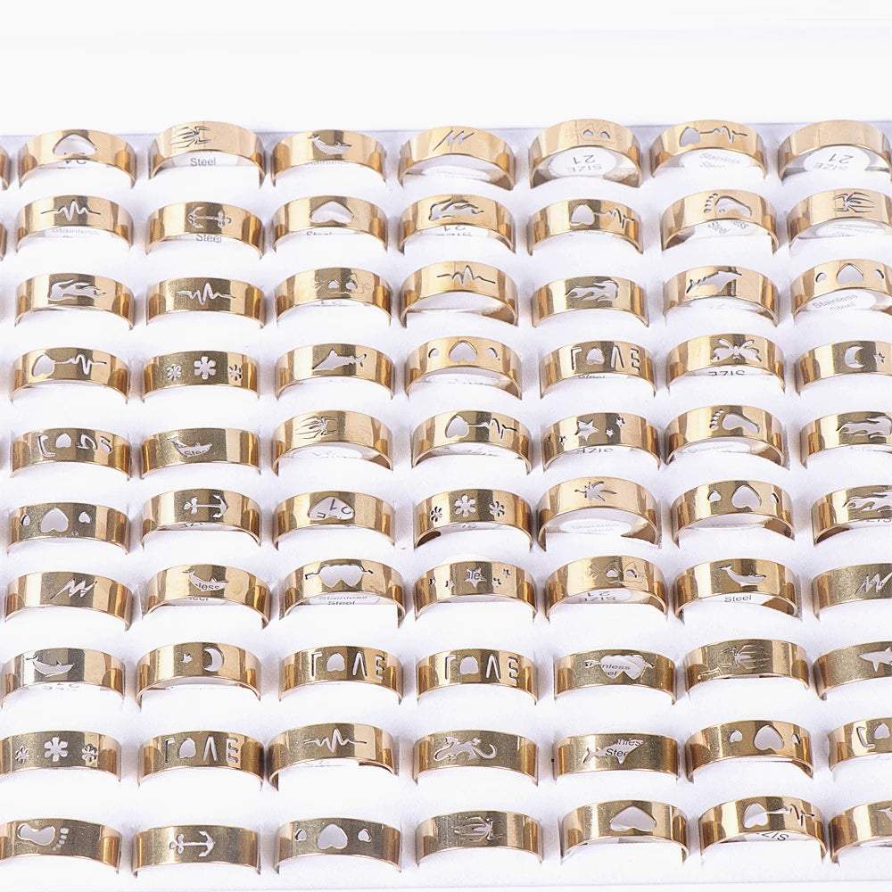 20Pcs/Lot Simple Stainless Steel Hollow Rings for Women Men Fashion Punk Love Shape Party Gifts Jewelry Mix Style