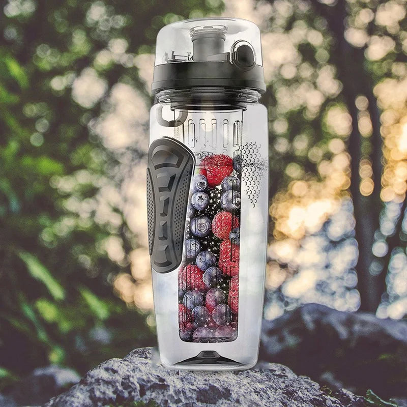 2X 1000Ml/32Oz Fruit Infusing Infuser Water Bottle Plastic Sports Detox Health Black