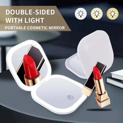2 Face Sides Touch Compact Led 3 Colors Mini Foldable Cosmetic Charge Makeup Mirror with Light 5X Magnifying Compact Handheld