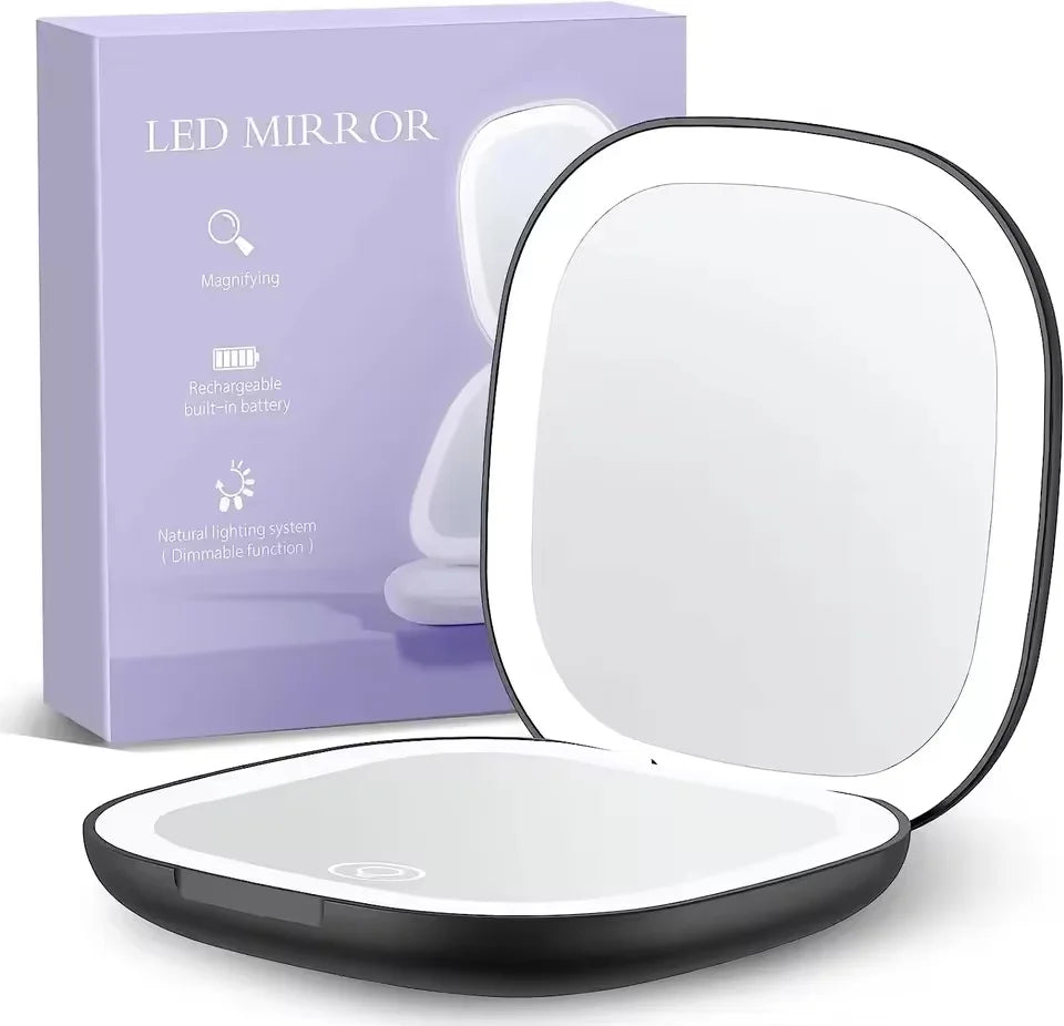2 Face Sides Touch Compact Led 3 Colors Mini Foldable Cosmetic Charge Makeup Mirror with Light 5X Magnifying Compact Handheld