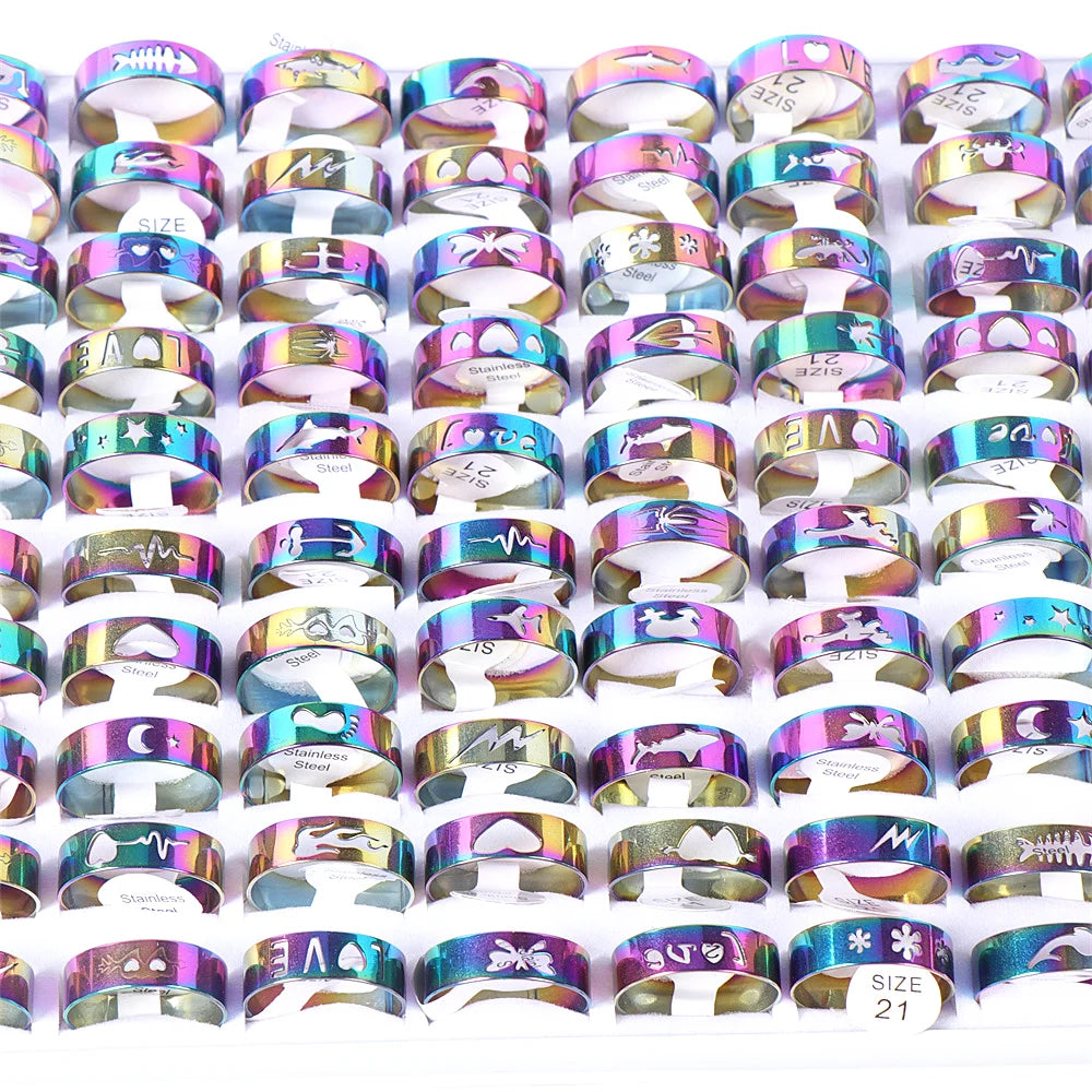 20Pcs/Lot Simple Stainless Steel Hollow Rings for Women Men Fashion Punk Love Shape Party Gifts Jewelry Mix Style
