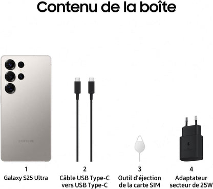 Galaxy S25 Ultra, Smartphone Android 5G Avec Galaxy AI, 256 Go, Chargeur Secteur Rapide 25W Inclus, Smartphone Déverrouillé, Gris Titane, Version FR