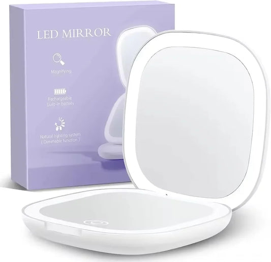 2 Face Sides Touch Compact Led 3 Colors Mini Foldable Cosmetic Charge Makeup Mirror with Light 5X Magnifying Compact Handheld